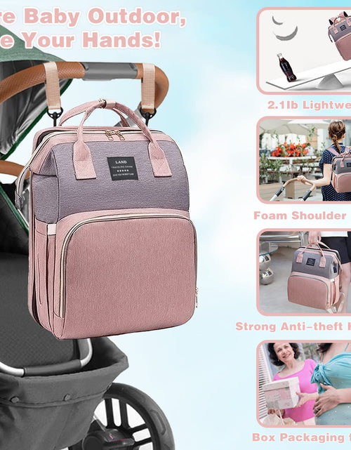 Load image into Gallery viewer, Diaper Bag Backpack with Changing Station,7 in 1 Travel Foldable Baby Diaper Bag,Mommy Bag Diaper Bag Changing Station Multi-Function Waterproof with Mattress and USB Charging Port (Pink-Grey)
