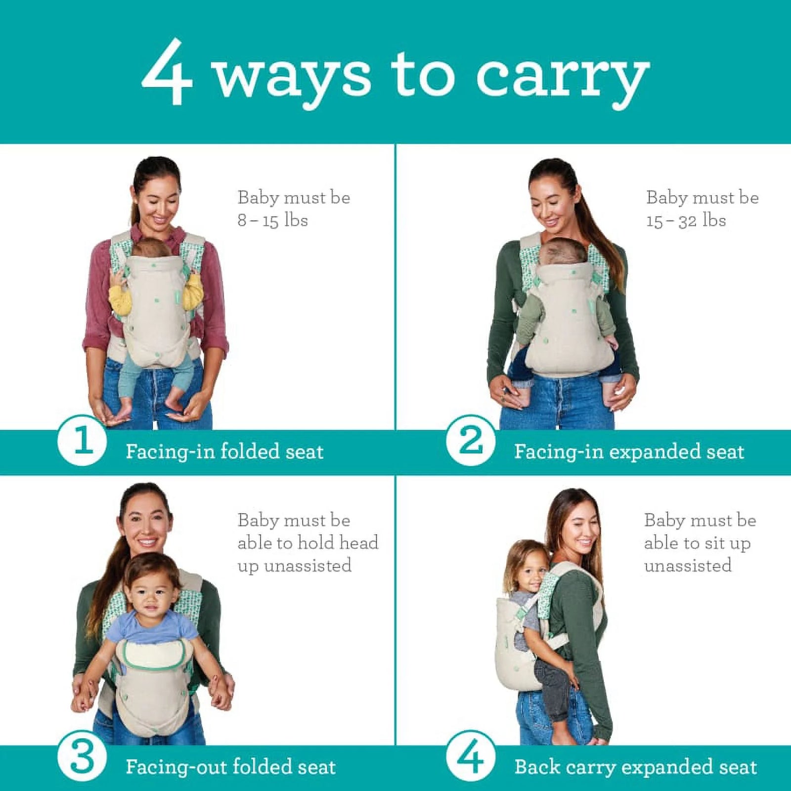 Nature & Nurture Convertible Baby Carrier, 4-Position, 8-32Lbs, 0-9 Months, Sandy Tan