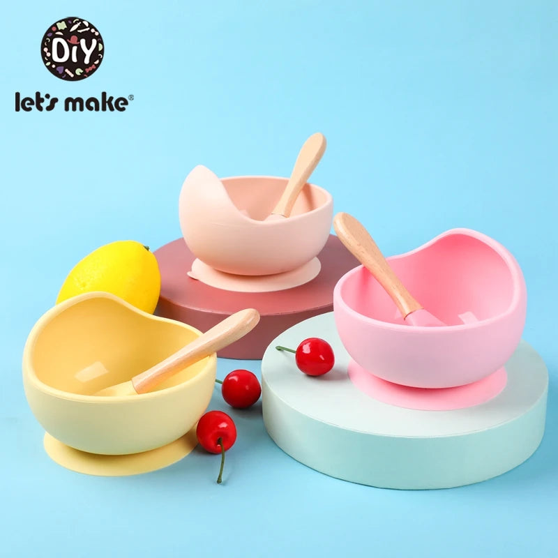 Let'S Make 1Set Silicone Baby Feeding Set Waterproof Spoon Non-Slip Feedings Silicone Bowl Tableware Baby Products Baby Plate