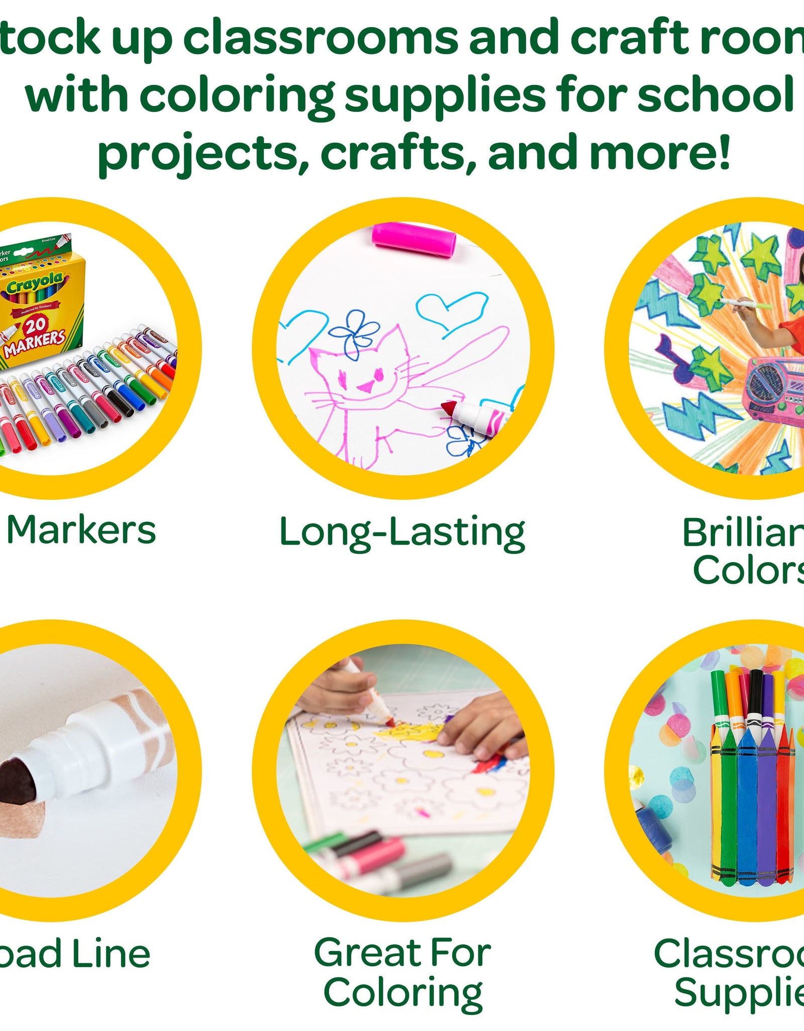 Broad Line Markers, 20 Ct Classic Colors, School Supplies for Teachers and Kids, Classroom Supplies