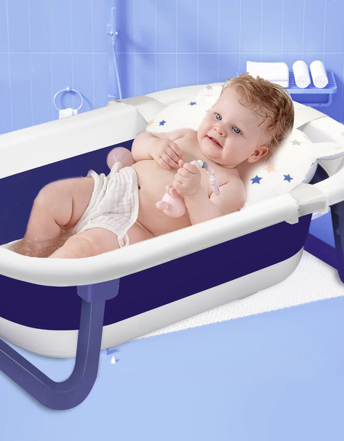 Load image into Gallery viewer, Newborn Baby Bath Tub with Drain Hole, Foldable Toddler Bathtub with Soft Cushion Pad, Portable Travel Bathtub Built in Anti-Slip Support for Newborn 0-36 Month,Blue
