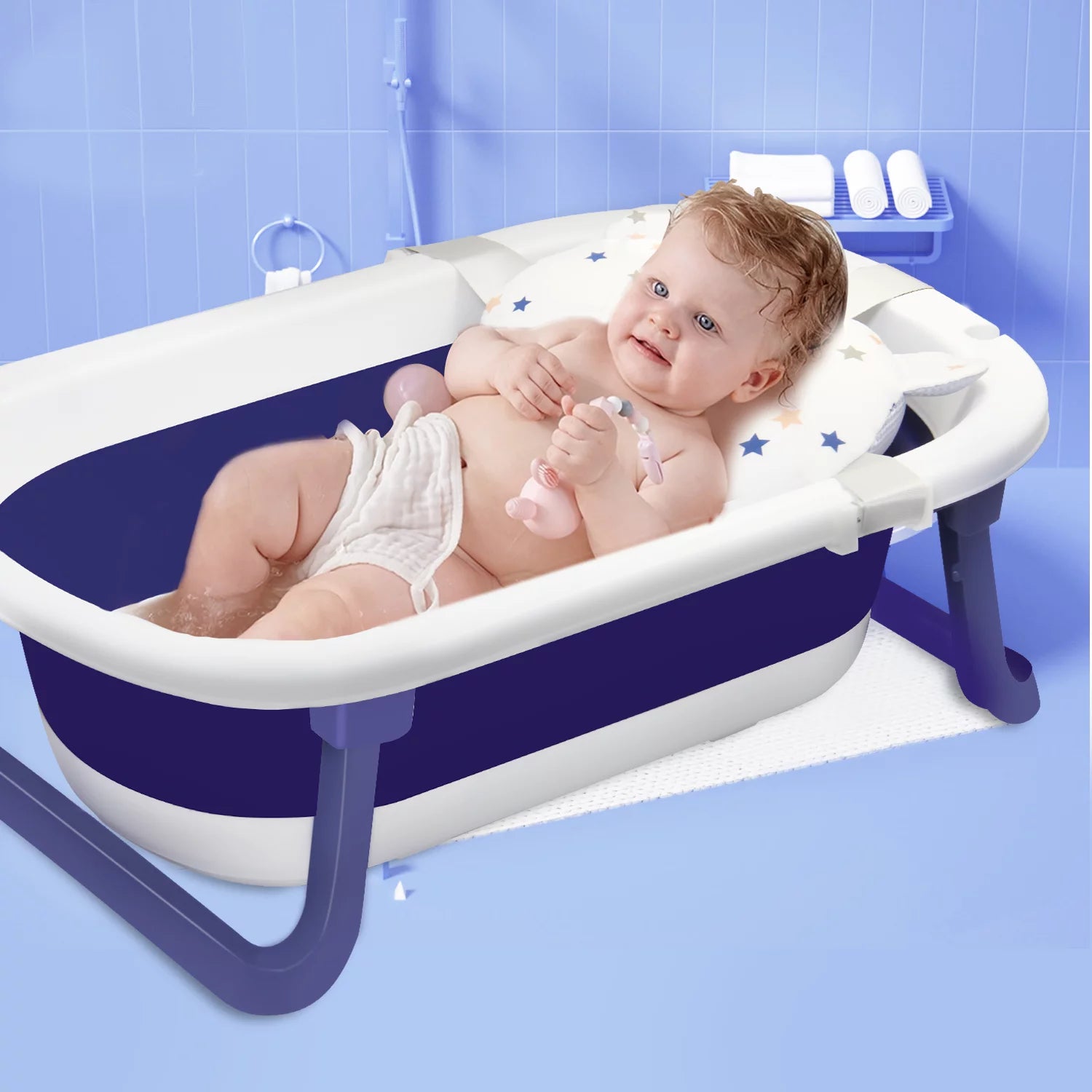 Newborn Baby Bath Tub with Drain Hole, Foldable Toddler Bathtub with Soft Cushion Pad, Portable Travel Bathtub Built in Anti-Slip Support for Newborn 0-36 Month,Blue