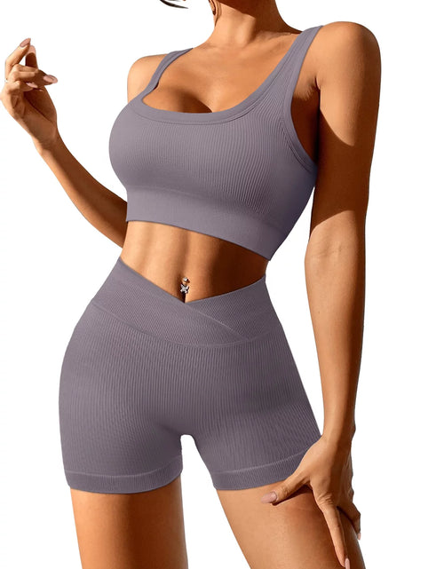 Load image into Gallery viewer, Womens Casual Two Piece Outfits Short Sets Summer Active Seamless Tracksuit High Waisted Yoga Shorts Crop Tank Top Set
