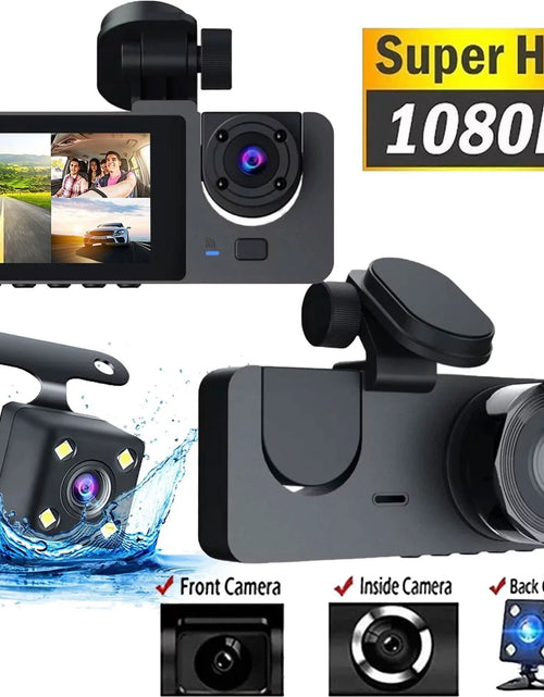 Load image into Gallery viewer, Dash Cam for Car, 1080P 3 Channel Front &amp; Rear inside Dash Camera, Super Night Vision, Parking Monitor, Loop Recording, with 32GB SD Card
