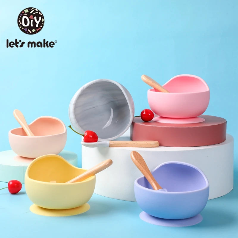 Let'S Make 1Set Silicone Baby Feeding Set Waterproof Spoon Non-Slip Feedings Silicone Bowl Tableware Baby Products Baby Plate