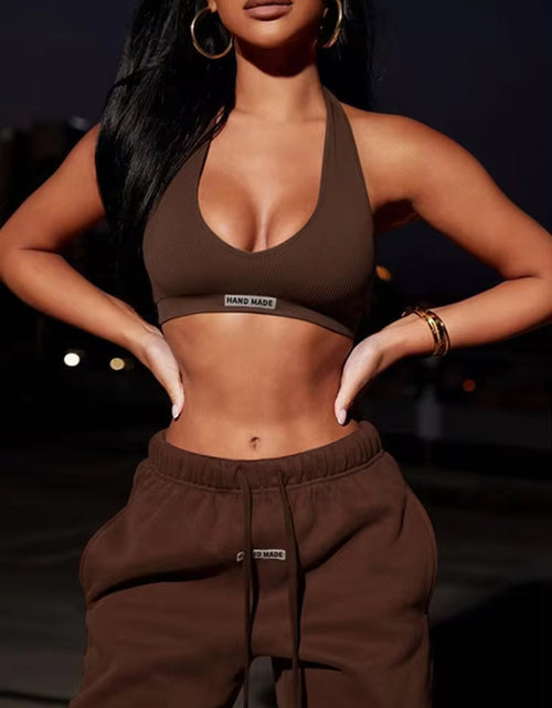 Load image into Gallery viewer, Sporty Two Piece Set Girl Halter Crop Tops+Drawstring Sweatpants Slim Activewear Casual Gym Workout Fitness Womens Outfits
