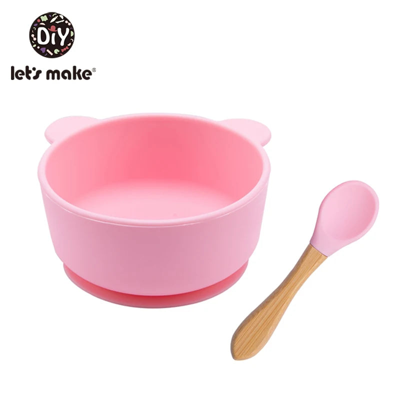 Let'S Make 1Set Silicone Baby Feeding Set Waterproof Spoon Non-Slip Feedings Silicone Bowl Tableware Baby Products Baby Plate