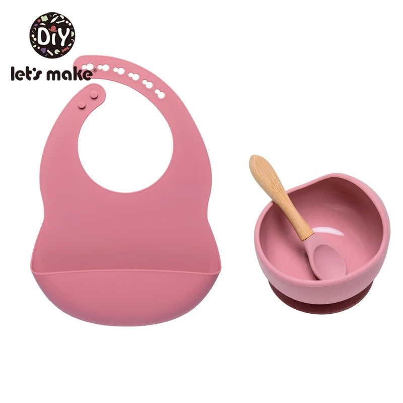 Let'S Make 1Set Silicone Baby Feeding Set Waterproof Spoon Non-Slip Feedings Silicone Bowl Tableware Baby Products Baby Plate