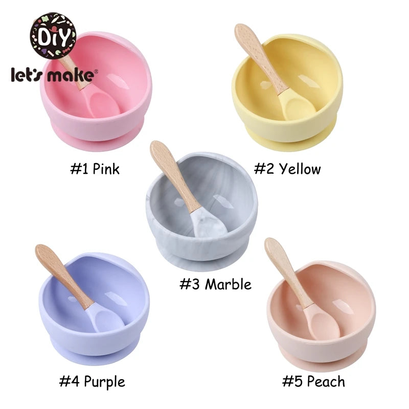 Let'S Make 1Set Silicone Baby Feeding Set Waterproof Spoon Non-Slip Feedings Silicone Bowl Tableware Baby Products Baby Plate