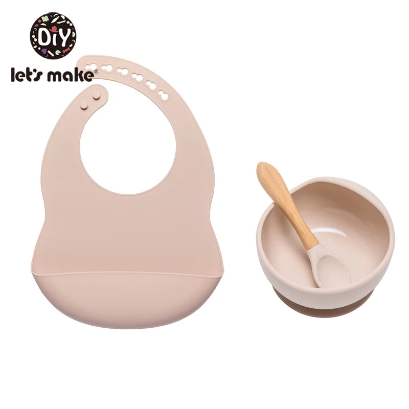 Let'S Make 1Set Silicone Baby Feeding Set Waterproof Spoon Non-Slip Feedings Silicone Bowl Tableware Baby Products Baby Plate