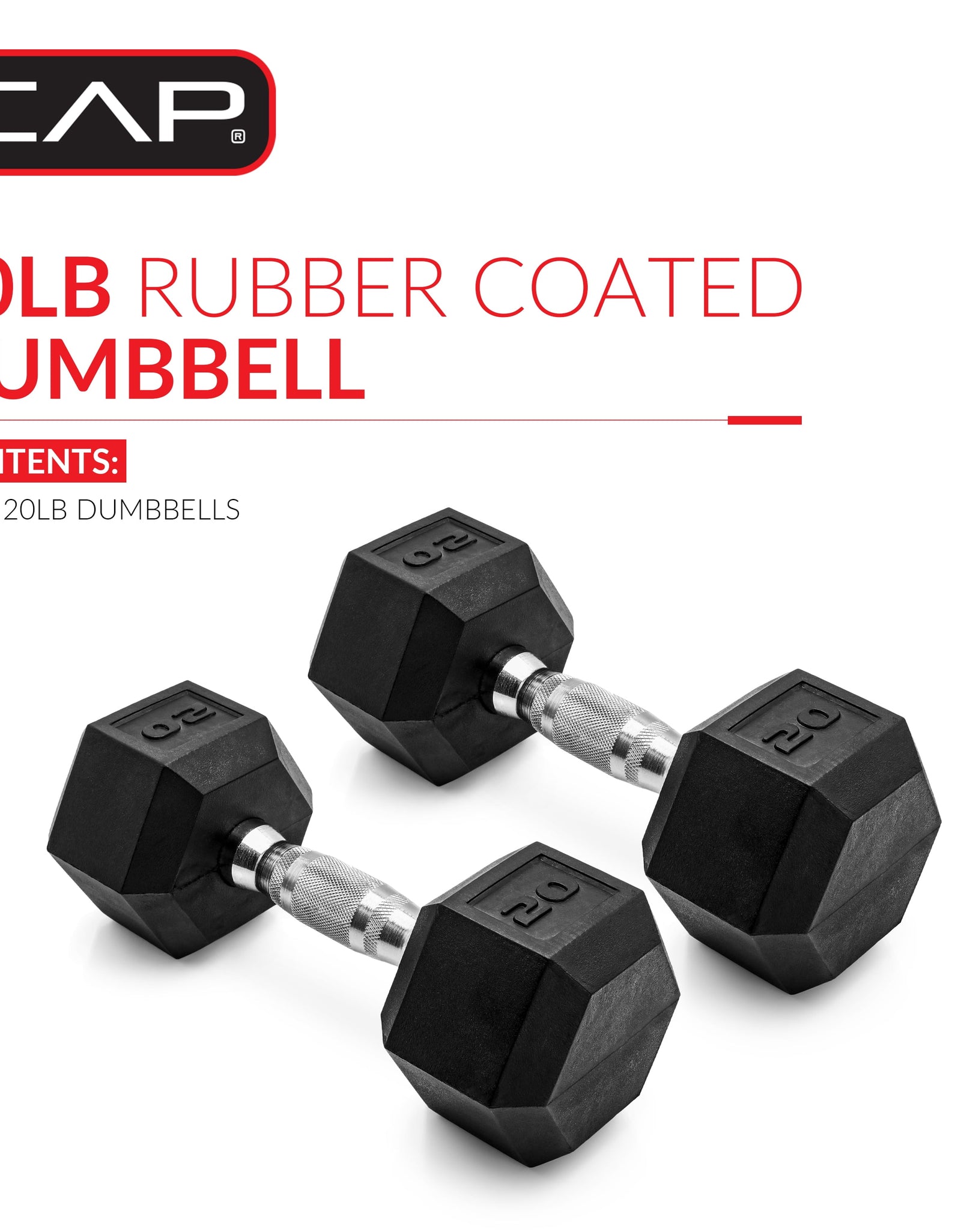 Barbell, 20Lb Coated Rubber Hex Dumbbell, Pair