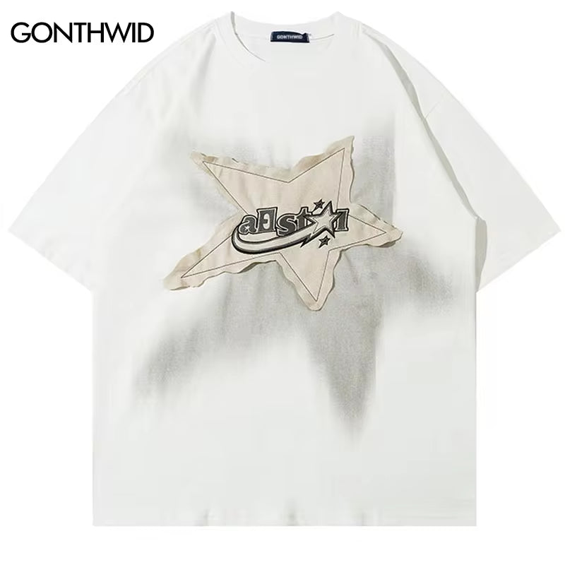 Men Oversized T Shirt Star Splicing Harajuku Streetwear Tshirts Man 2023 Fashion Casual Loose Cotton Hip Hop Y2K T-Shirt Tops