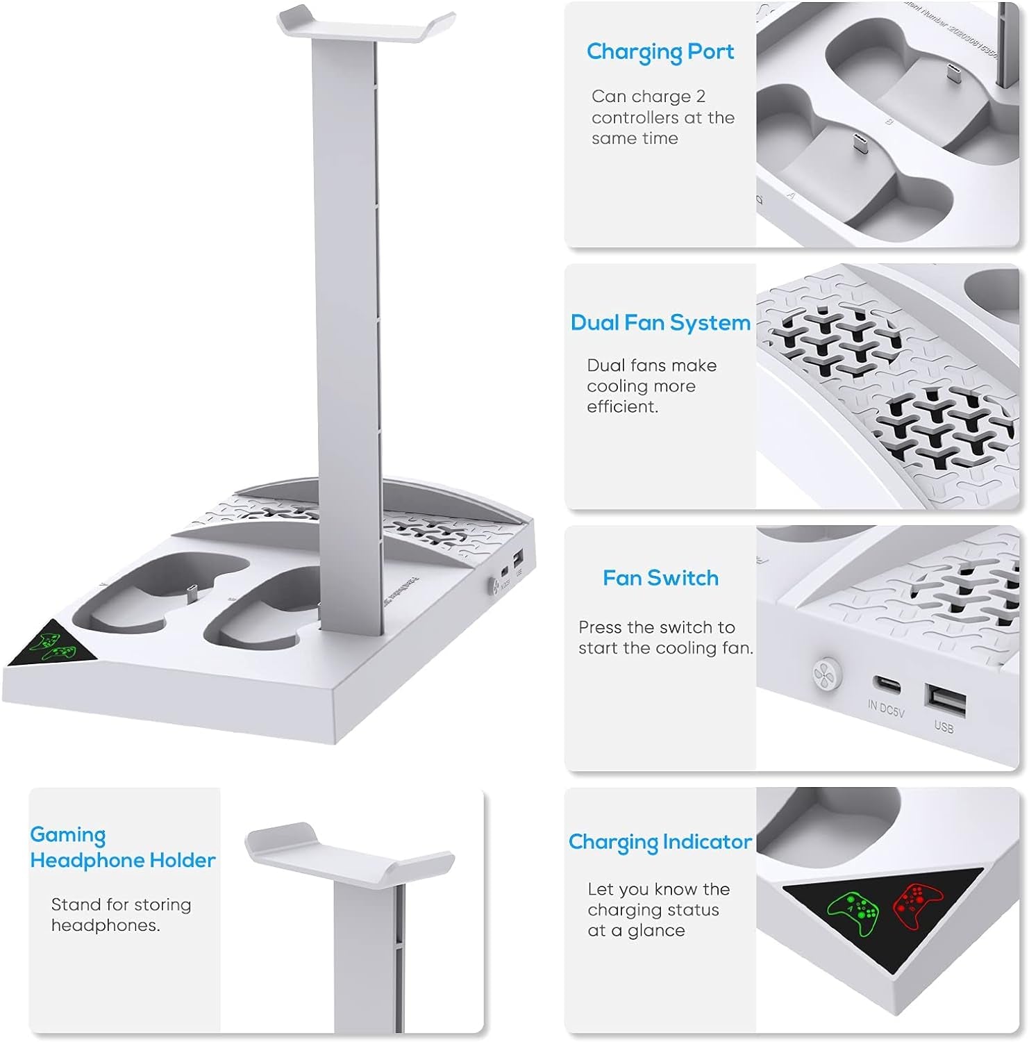 Charger Stand with Cooling Fan for Xbox Series S Console and Controller,Vertical Dual Charging Dock Accessories with 2 X 1400Mah Rechargeable Battery and Cover, Earphone Bracket for XSS