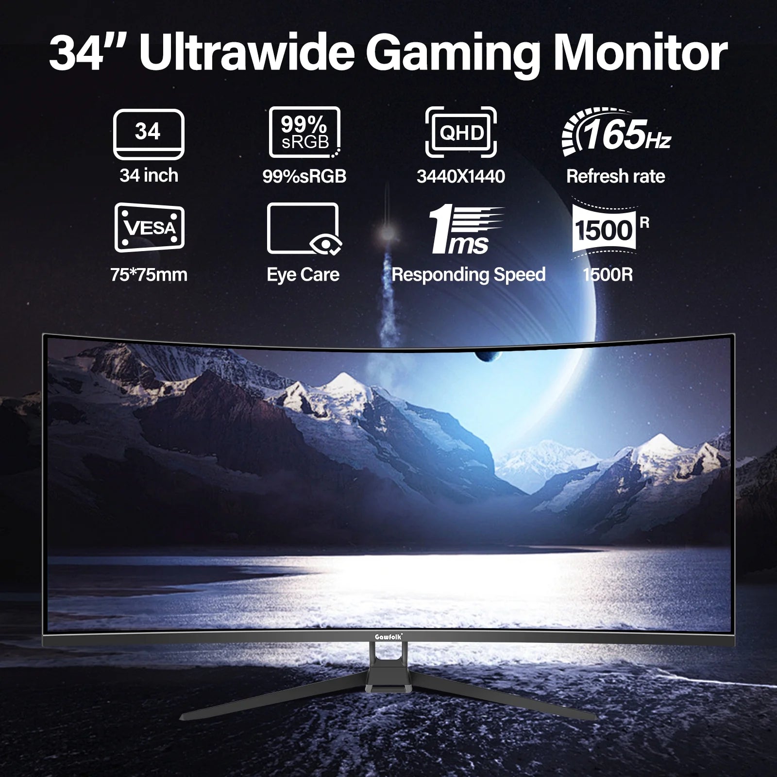 34 Inch Ultrawide Curved Gaming Monitor, 1500R PC Screen 165Hz UWQHD 3440X1440, Curved Computer Screen with Freesync and Eye Care Technology