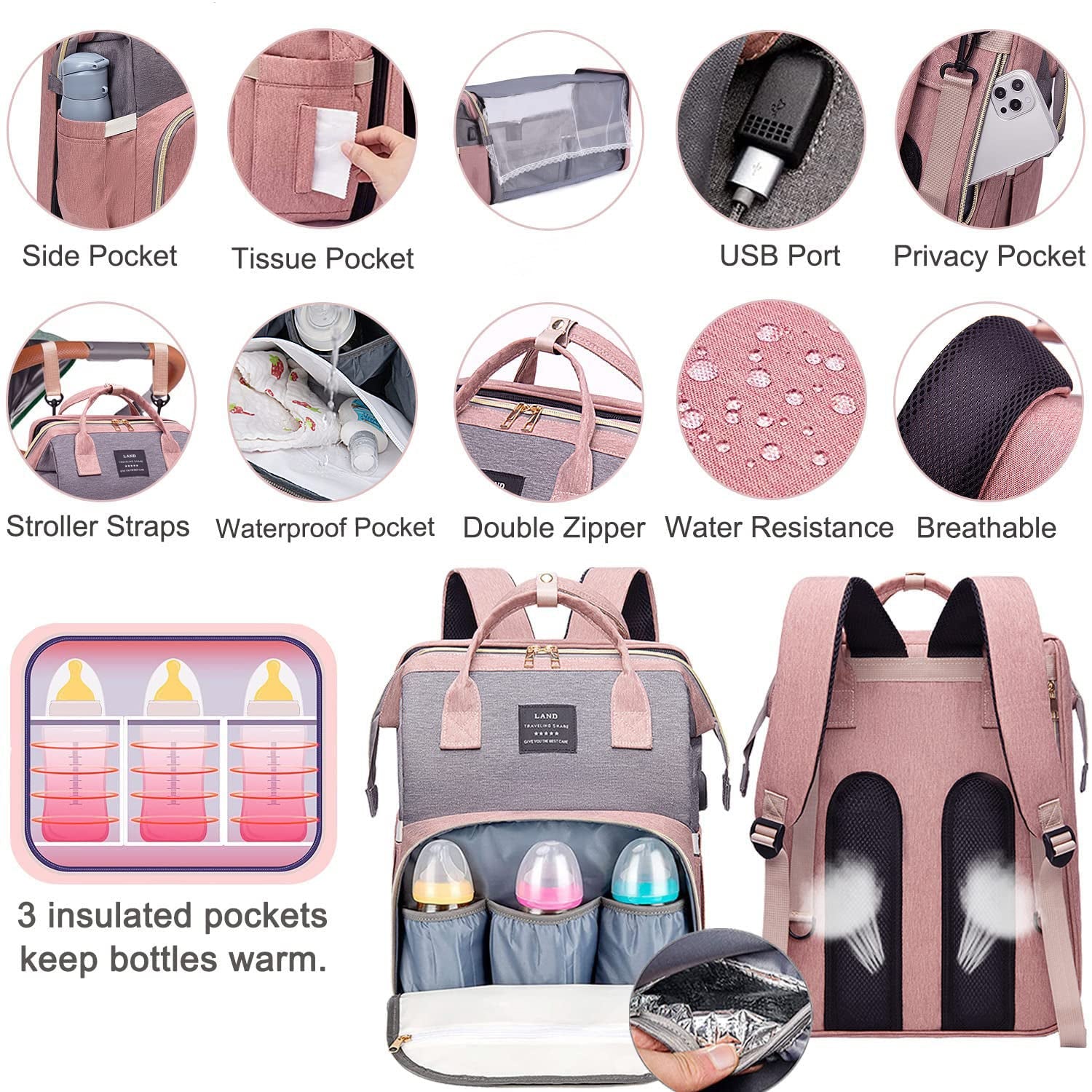 Diaper Bag Backpack with Changing Station,7 in 1 Travel Foldable Baby Diaper Bag,Mommy Bag Diaper Bag Changing Station Multi-Function Waterproof with Mattress and USB Charging Port (Pink-Grey)