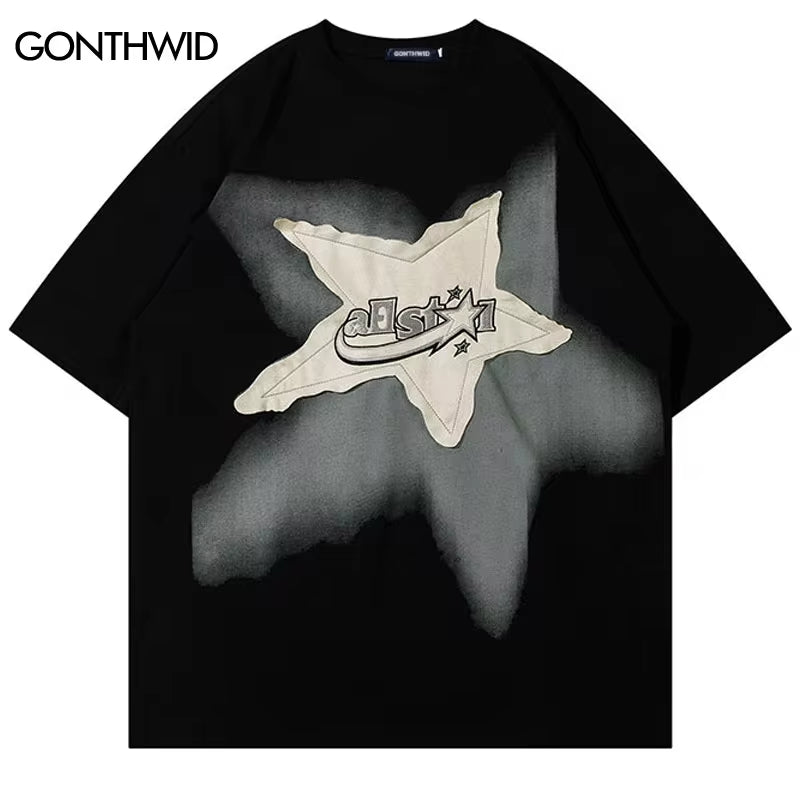 Men Oversized T Shirt Star Splicing Harajuku Streetwear Tshirts Man 2023 Fashion Casual Loose Cotton Hip Hop Y2K T-Shirt Tops